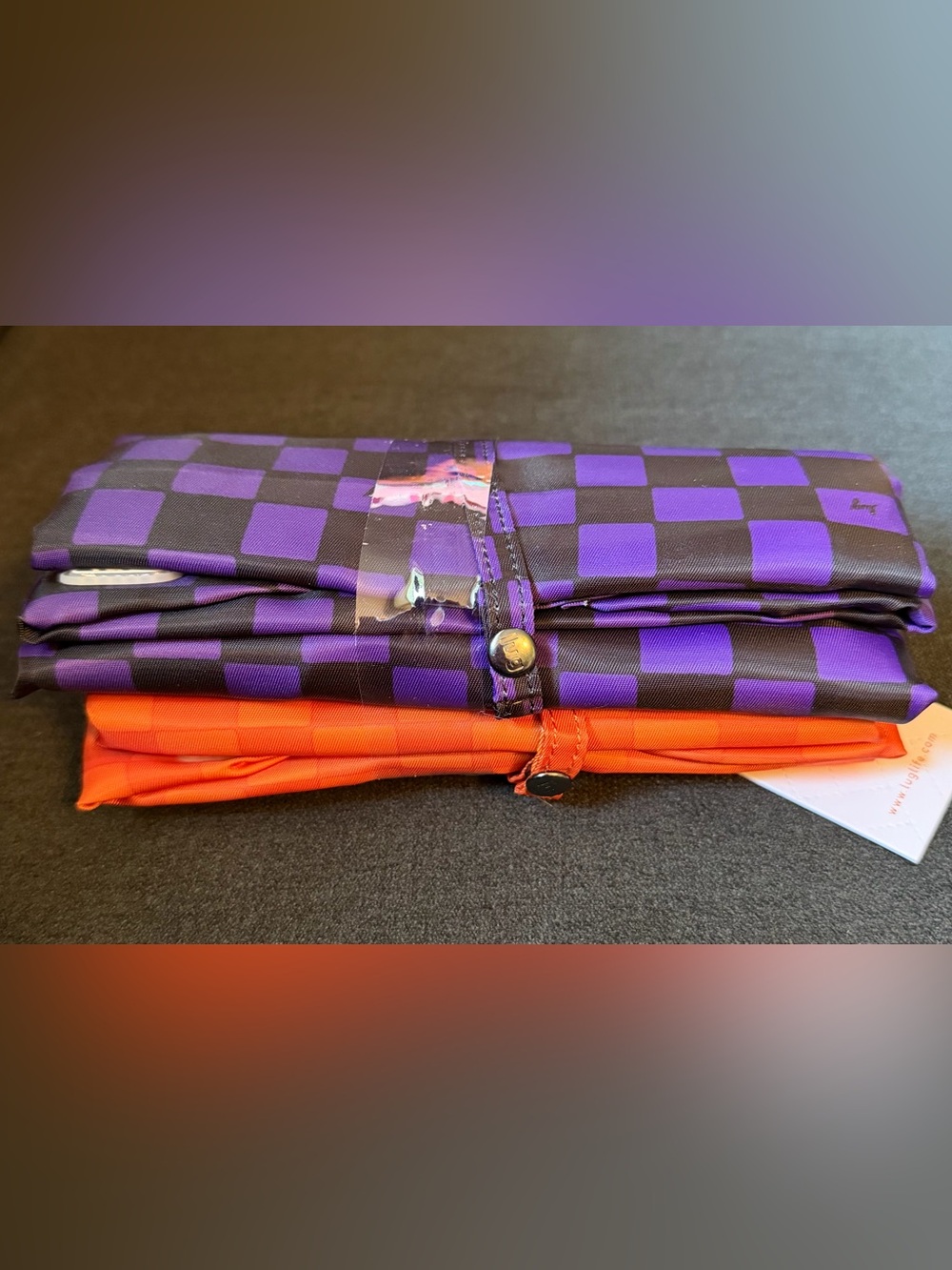 Lug Eco Shopper Tote Bag Set of 2 Halloween Haunted Squares Orange Purple Check